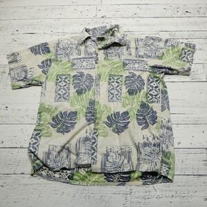 Go Barefoot Hawaiian Shirt Mens Large Blue Green Cotton Short Sleeve Button Up